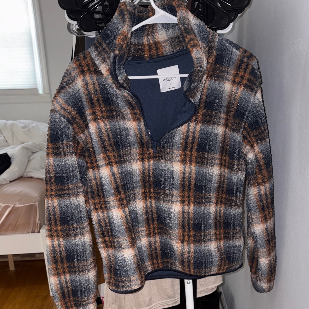 Zip Up Plaid Sweater - Navy and Brown